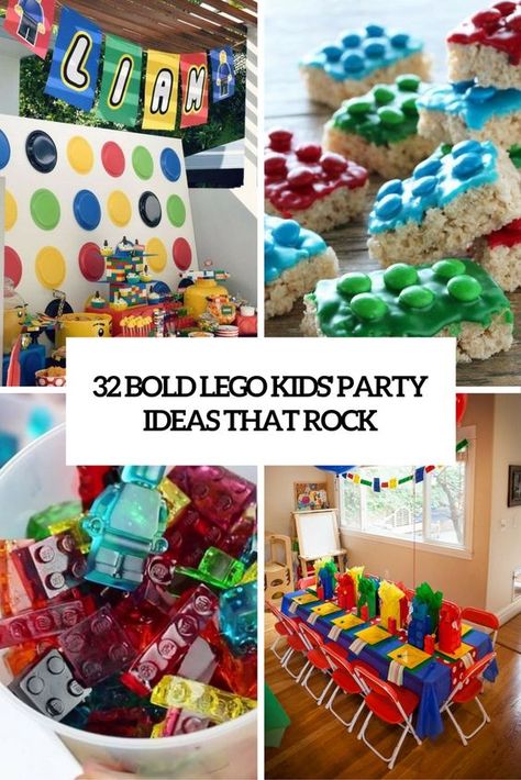 bold lego kids party ideas that rock cover Lego Party Food, Lego Banner, Lego Party Ideas, Lego Balloons, Lego Party Decorations, Kids Party Ideas, Lego Themed Party, Lego Land, 5th Birthday Party Ideas