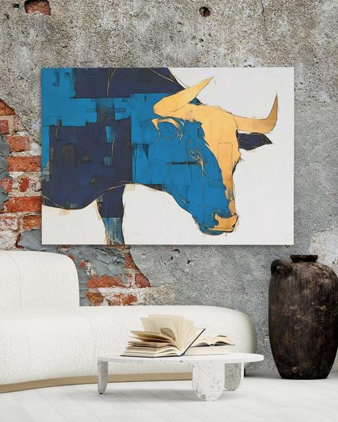 Elegant bull wall decor for a refined look. Browse our bull art selection. Abstract Bull Painting, Abstract Painting For Office, Bull Artwork, Angel Wings Painting, Bull Painting, Bull Art, Cow Painting, Cow Art, 3d Drawings