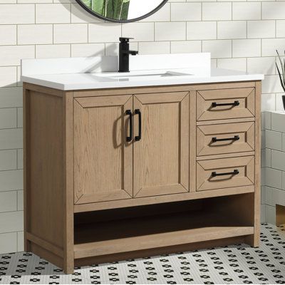 Transform your bathroom with the 42-inch derron single sink vanity, which will serve as the centerpiece of your remodel. The vanity is expertly crafted from solid wood to ensure durability for a lifetime. The wood is finished in a beautiful oak gray, adding a touch of sophistication to your bathroom. The three solid wood dovetail drawers feature full extension glides, providing ample storage space for your daily toiletries. The vanity is completed with a sleek white quartz countertop, perfect fo Bathroom Vanity White, Single Sink Vanity, White Quartz Countertop, White Vanity Bathroom, Upstairs Bathrooms, Kitchen Mirror, Shelf Styling, Single Bathroom, Plumbing Fixtures