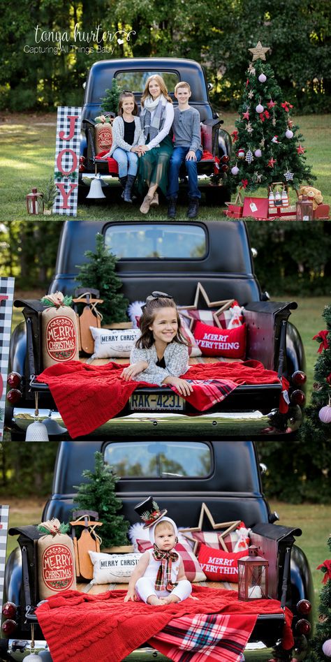 Christmas Vintage Truck Photo Session Christmas Tree Truck Photo Shoot, Christmas Truck Mini Sessions Poses, Christmas Photo Truck, Blue Truck Christmas Photos, Pickup Truck Christmas Photoshoot, Christmas Pictures With Old Truck, Christmas Mini Sessions Truck, Old Truck Christmas Photo Shoot, Christmas Truck Photoshoot Family