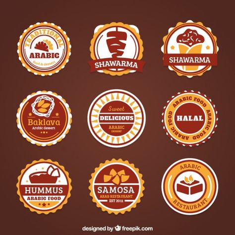 Etiquetas decorativas de comida árabe Ve... | Premium Vector #Freepik #vector #food #menu #restaurant #tea Arabic Food Menu, Sketch Menu, Stiker Label, Pan Arabe, Arabic Dessert, Arabian Food, Food Menu Template, Food Pack, Restaurant Names