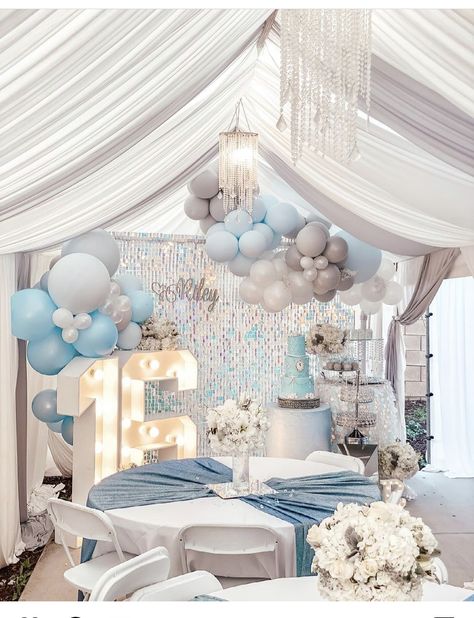 Periwinkle Sweet 16 Decorations, Sweet 16 Blue And Silver Theme, Sweet Sixteen Party Ideas Blue And Silver, Quince Decor Light Blue, Royal Themed Sweet 16, Color Scheme For Sweet 16, Light Blue Sweet 16 Theme, Sweet 16 Blue Centerpieces, Clouds Sweet 16