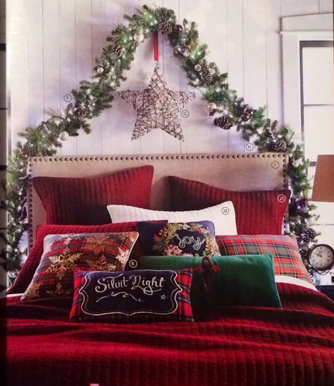 Christmas in the bedroom...pretty garland above bed with star!!! (Pier One Imports Christmas catalog 2015) Garland Above Bed Christmas, Above Bed Christmas Decor, Garland Over Bed, Xmas Bed, Garland Above Bed, Xmas Bedroom, Twinkling String Lights, Christmas Bedrooms, Holiday Bedding