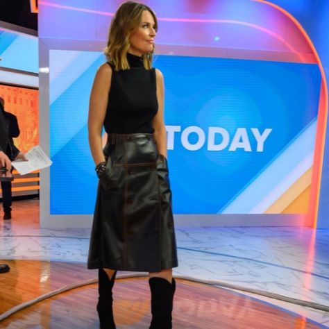 Today Show Hosts, Dylan Dreyer, Show Look, Carson Daly, Savannah Guthrie, Blurry Pictures, Hoda Kotb, Leather Midi Skirt, Sleeveless Turtleneck