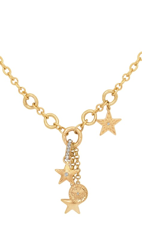 Bibi bijoux gold 'enchanted skyline' necklace is a bold and fashion-forward necklace that will elevate your style to new heights. With a length of 45cm with a lobster clasp fastening and an adjustable 7. 5cm extender chain, this chunky and long necklace is adorned with enchanting charms, making it a statement piece you'll love wearing with almost any outfit as it gracefully adorns your chest, creating a captivating and fashion-forward statement. The lobster clasp fastening ensures a secure fit, Gold Necklace Chunky, Unique Chain Designs, Enroute Jewelry, Gold Chunky Jewelry, Long Gold Necklaces, Gold Chunky Necklace, Chunky Gold Necklace, Chunky Gold Jewelry, Chunky Jewellery