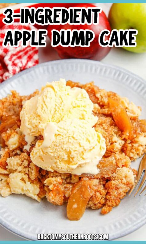 Apple dump cake on a plate with a scoop of ice cream on top for a delicious dessert recipe. Crockpot Apple Dump Cake, Fruit Dumplings, Crockpot Cake, Apple Dump Cake Recipe, Apple Dump Cake, Chocolate Cobbler, Dump Cakes, Family Desserts, Apple Dump Cakes