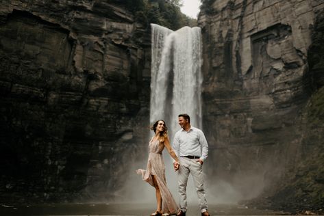 Ithaca, NY waterfall a perfect backdrop for some dreamy engagement photos. Waterfall Prewedding Shoot, Waterfall Couple Photoshoot, Couple Waterfall, Wedding Waterfall, Water Engagement Photos, Couple Landscape, Waterfall Photoshoot, Dreamy Engagement Photos, Waterfall Engagement