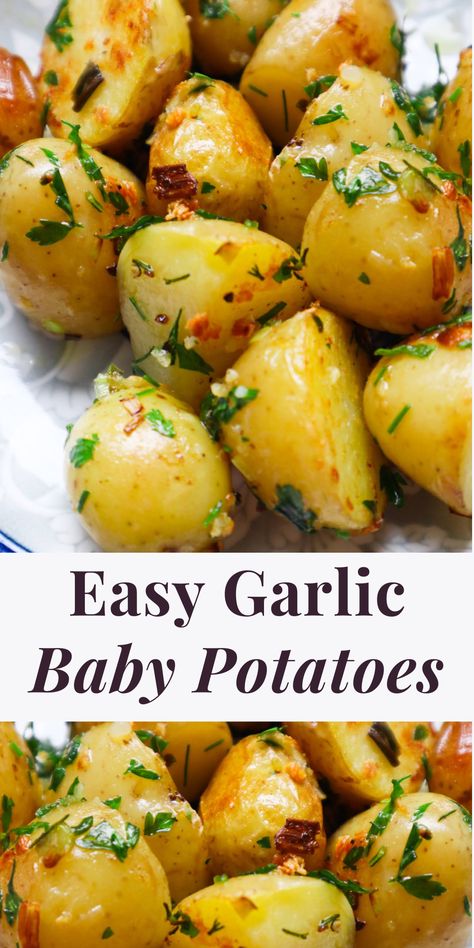 Garlic Baby Potatoes Recipe - Beauty Bites Garlic Mini Potatoes, How To Make Mini Potatoes, Best Small Potato Recipes, Healthy Baby Potato Recipes, Petit Potatoes Recipe, Garlic Butter Baby Potatoes, Mini Medley Potatoes Recipes, Petite Gold Potatoes Recipes, Sunburst Blend Potatoes Recipes