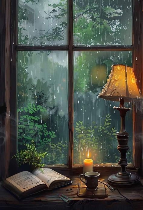 Painting Rain On Window, Reading On A Rainy Day Aesthetic, Coffee Window Art, Through The Window Photography, Relaxing Photos Aesthetic, Autumn Harvest Aesthetic, Rain Window Painting, Rainy Day Aesthetic Drawing, Rain On Window Painting