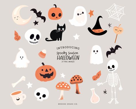 Simple Halloween Illustration, Halloween Cute Illustration, Cute Fall Clipart, Cute Halloween Graphics, Cute Spooky Art, Vintage Halloween Illustration, Cutesy Halloween, Halloween Graphic Design, Halloween Clipart Free