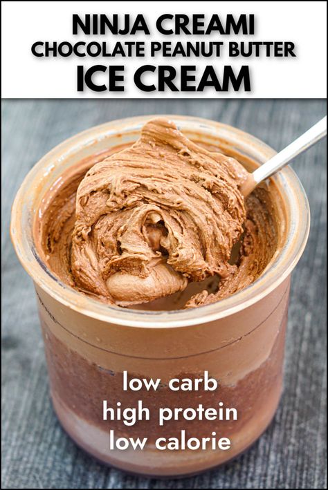 Who doesn't love a chocolate peanut butter flavor combination? Check out this Ninja Creami chocolate peanut butter ice cream recipe that is not only sugar free but it's high protein and low calorie. Creamy chocolate ice cream mixed with peanut butter for a decadent but healthy sweet treat! High Protein Chocolate Ice Cream, Chocolate Peanut Butter Protein Ice Cream, Healthy Protein Ninja Creami, Creamy Ninja Ice Cream Recipe, Ninja Creamy Keto Recipes, Healthy Peanut Butter Ice Cream, Ninja Creami Protein Ice Cream Recipe Chocolate Peanut Butter, Ninja Creamy Chocolate Protein Ice Cream, Chocolate Peanut Butter Ice Cream Recipe