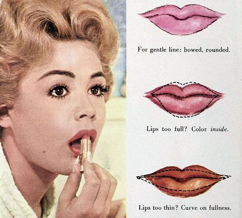 Sandra had to practice to learn to use a lip brush. “I use my finger on chin to steady my hand”. It’s worth it to ensure a clean outline and no feather edges. She uses brush for outline, fills in color straight from the lipstick, and then blots with a tissue. She likes clear pastel reds. 1960s Makeup Magazine, 50s Lipstick, 1960s Lipstick, Dorothy Makeup, 1960 Makeup, 1960s Makeup Tutorial, Eyeliner Quotes, 1960's Makeup, Makeup Tips Lips