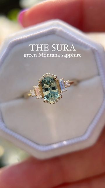 Montana Sapphire Engagement Ring Gold, The Sura Engagement Ring, Mint Sapphire Ring, Mint Engagement Ring, Engagement Rings Montana Sapphire, Engagement Ring Green Sapphire, Gold Non Traditional Engagement Ring, Engagement Rings Green Sapphire, Mint Green Sapphire Engagement Ring