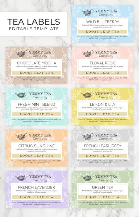 9 colours to choose from! An attractive label for homemade loose leaf tea blends and tea bags to place on packaging and gift boxes to be given away from tea companies, weddings, parties and events. Design has floral elements throughout with an elegant tea pot as your logo icon and allows you to edit business name, tea flavour, ingredients, and business contact information. Background can be changed to any colour in the Editor. Loose Leaf Tea Packaging, Loose Leaf Tea Blends, Tea Labels, Tea Logo, Chocolate Company, Events Design, Label Stickers, Tea Companies, Business Contact