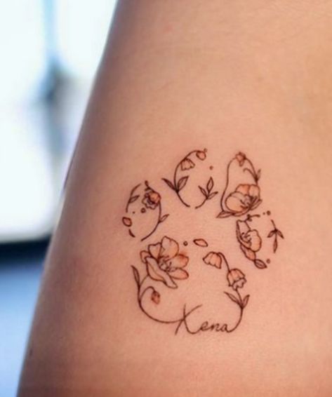 Floral Dog Paw Print Tattoo, Paw Print Sunflower Tattoo, Lost Pet Tattoo Dog, Tattoo For Dead Dog, Dog Passing Tattoo, Pet Tattoos Cat Memorial, Pet Paw Tattoo, Paw Print With Flowers Tattoo, Dog Tattoos Memorial