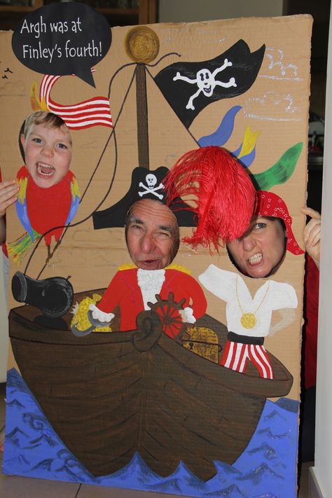 Peter Pan pirate party DIY photo booth- painted with my son's acrylic paints on to cardboard with signs cut using Zing Pirate Decorations Diy, Pirate Photo Booth, Diy Party Photo Booth, Pirate Party Decorations, Pirate Pictures, Pirate Photo, Carnival Decorations, Pirate Decor, Anniversaire Diy