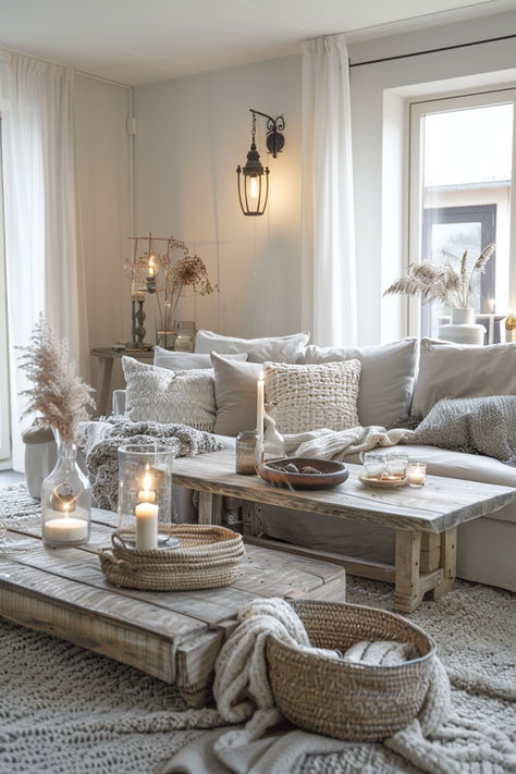 Create a warm and welcoming apartment living room with farmhouse chic style. Opt for distressed wood, shiplap walls, and comfy sofas. Use earthy colors and cozy throws to enhance the inviting atmosphere. Complete the look with charming farmhouse accents. #CozyFarmhouse #LivingRoomInspo #HomeStyle Cosy Farmhouse Living Room, Cozy Beach Living Room, Farmhouse Lounge, Country Chic Living Room, Apartment Living Rooms, Chic Living Room Ideas, Farmhouse Chic Living Room, Wood Shiplap, Cozy Apartment Living Room