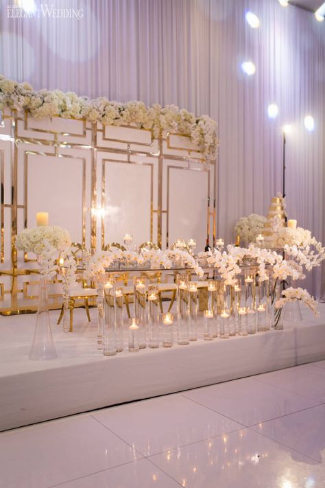 Floating Candle Wedding Decor, Wedding Table Backdrop Ideas, White Orchid Centerpiece, Gold Wedding Decorations Receptions, Ideas Candles, Floating Candles Wedding, Gold Wedding Reception, Wedding Candles Table, White And Gold Wedding