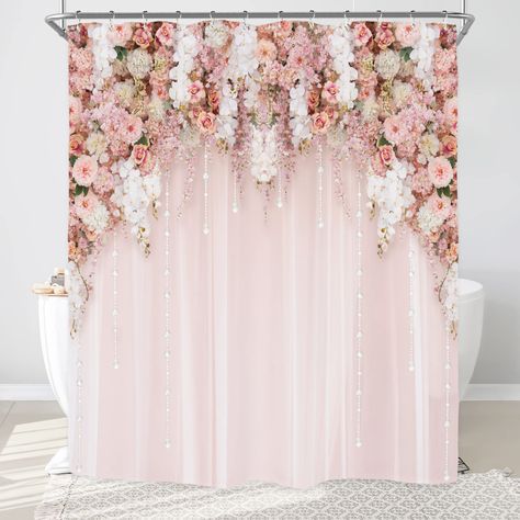 Wedding Flowers Pink Roses, Elegant Shower Curtains, Plastic Shower Curtain, Rose Blossom, Floral Shower Curtains, Pink Wedding Flowers, Shower Curtain Hooks, Printed Curtains, Spring Nature