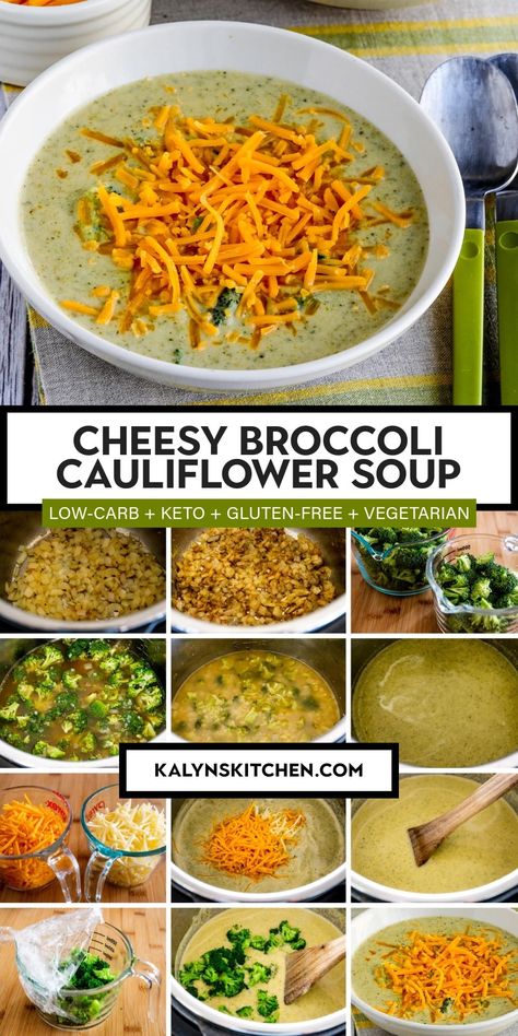 Pinterest image collage for Cheesy Broccoli Cauliflower Soup showing a small bowl of prepared soup topped with grated Cheddar Cheese ready to eat and several smaller photos showing steps in the preparation process. Cheesy Broccoli Cauliflower, Meatless Soups, Broccoli Cauliflower Soup, Frozen Cauliflower, Keto Soups, Frozen Cauliflower Rice, Cheesy Broccoli, South Beach Diet, Keto Soup