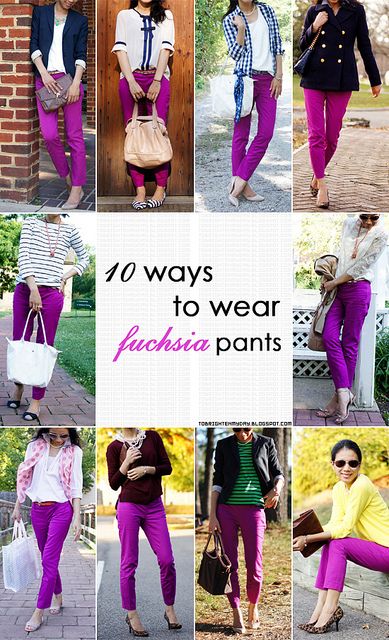 by brightenday, via Flickr  Or Mint Jeggings, or Tangerine Bree Jeans…the CABi list goes on and on!  #nataliethomasmeyer.cabionline.com Fuschia Pants, Purple Pants Outfit, 10 Ways To Wear, Mode Tips, Purple Pants, Stil Inspiration, Colored Pants, Fuchsia Color, Pink Pants