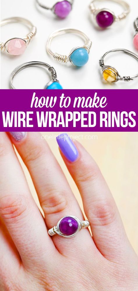 Wire wrapped rings are SO PRETTY and easy to make! It's such a great DIY jewelry craft for wire wrapping beginners. It's so fun to make your own beautiful wire wrapped ring and you only need a few simple tools, wire, and a bead! Diy Gem Jewelry, Wire Wrap Bead Ring, Easy Wire Wrapping Stones Rings, Diy Stone Wrapping Wire Jewelry, Wire Crafts For Beginners Diy, Wire Wrapping Tutorial Beginner, Trending Diy Jewelry, How To Make Wire Jewelry For Beginners, Wire Rings Ideas Tutorial