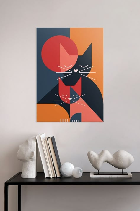 Illustration In Geometric Flat Style.. Displate is a one-of-a-kind metal poster designed to capture your unique passions. Sturdy, magnet mounted, and durable – not to mention easy on the eyes! Cat Silhouette Painting, Cat Abstract Painting, Abstract Cat Painting, Cat Canvas Painting, Abstract Cat Art, Abstract Cats, Boho Canvas Art, Geometric Art Animal, Vinyl Art Paint