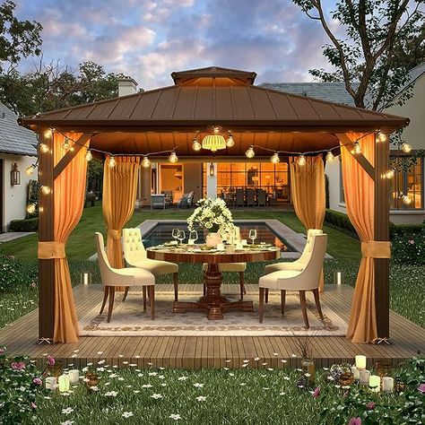 This patio gazebo has a double-layer galvanized steel roof that offers great ventilation and airflow. Its sturdy construction provides protection against wind, rain, and snow, while the galvanized steel material ensures thermal insulation, waterproofing, and noise reduction. Permanent Gazebo, Gazebo Roof, Canopy Tent Outdoor, Steel Roof, Hardtop Gazebo, Backyard Gazebo, Metal Pergola, Gazebo Pergola, Outdoor Gazebos