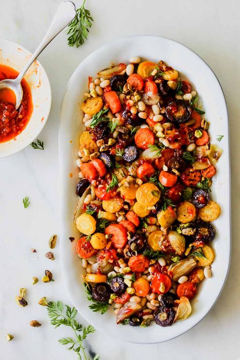 Roasted Carrot Salad, Salmon Veggies, Harissa Sauce, Dishing Out Health, Roasted Carrot, White Bean Salad, Veggie Side Dishes, White Bean, Grilled Salmon