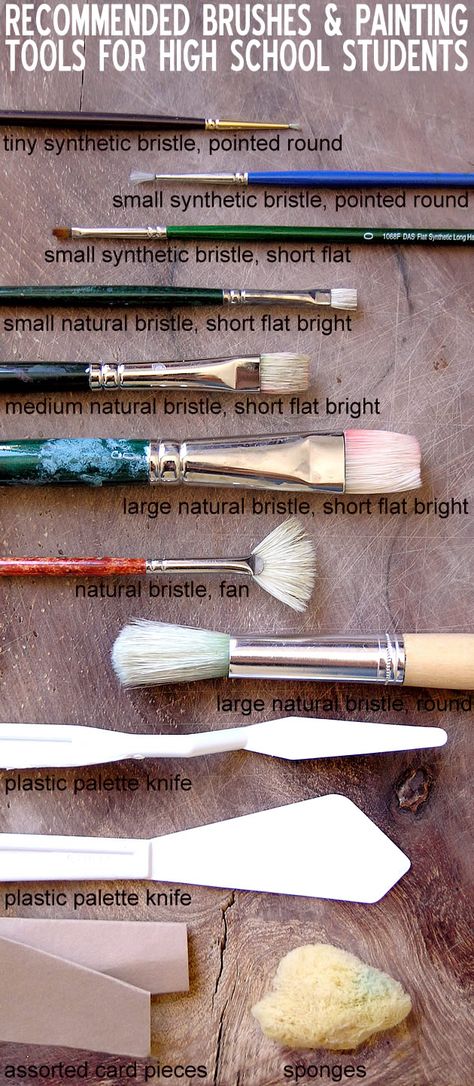 Types of brushes and painted tools recommended for high school Art / Painting students Painting Organization, Student Art Guide, Types Of Brushes, High School Art Room, Art Painting Tools, School Painting, Colorful Paintings Acrylic, Acrylic Painting Lessons, Acrylic Painting For Beginners