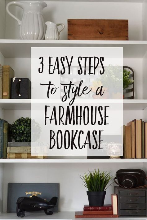 Farmhouse Bookshelf Decor, Farmhouse Bookshelves, Farmhouse Bookcase, Farmhouse Bookcases, Farmhouse Bookshelf, Styling A Bookcase, Farmhouse Shelves Decor, Styling Bookshelves, Shelf Decor Living Room