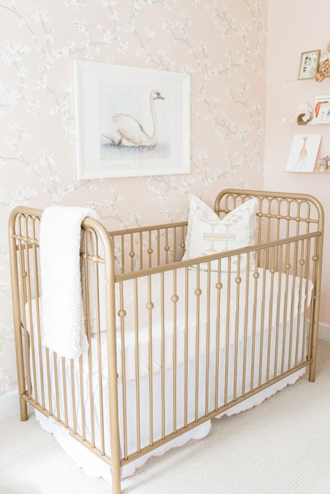 Girly Nursery Wallpaper, Charleston Theme Nursery, Nursery Ideas Southern, Pink Whimsical Nursery, Vintage Glam Nursery, Gold And White Nursery, Light Pink Baby Nursery, Wallpaper On Ceiling Nursery, Baby Girl Nursery Gold Crib