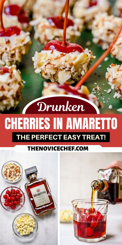 Boozy Treats Easy, Chocolate Cherry Amaretto Cookies, Alcohol Cherries Soaked, Alcohol Soaked Cherries, Liquor Soaked Fruit, Boozy Cherries Recipe, White Chocolate Amaretto Cake, Boozy Maraschino Cherries, Soaked Cherries In Alcohol