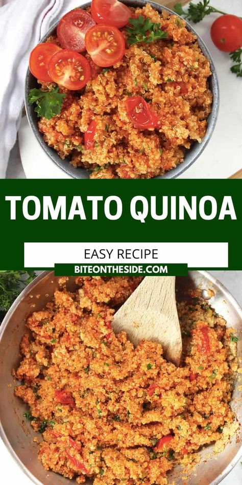 Meal Prep Tomato, Quinoa And Tomato Recipes, Tomato Rice Side Dish, Sun Dried Tomato Quinoa, Roasted Tomato Quinoa, Tomato Couscous Recipes, Quinoa Tomato Recipes, Tomato Basil Quinoa, Easy Dinner Recipes With Cherry Tomatoes