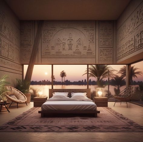 A Beautiful & Enchanting Egyptian Dream Home on The Nile River Egyptian Futuristic, Egyptian Bedroom Ideas, Egyptian Bedroom, The Nile River, Ancient Egypt History, Eco Resort, Futuristic Home, Ancient Egyptians, Nile River