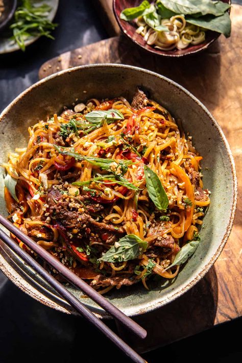 30 Minute Thai Basil Beef Noodles | halfbakedharvest.com Thai Basil Beef Half Baked Harvest, Thai Basil Ground Beef Recipes, Half Baked Harvest Ground Beef, Half Baked Harvest Pad Thai, Beef Thai Recipes, Thai Beef Noodles, Korean Beef Noodles, Thai Noodle Bowl, Basil Beef