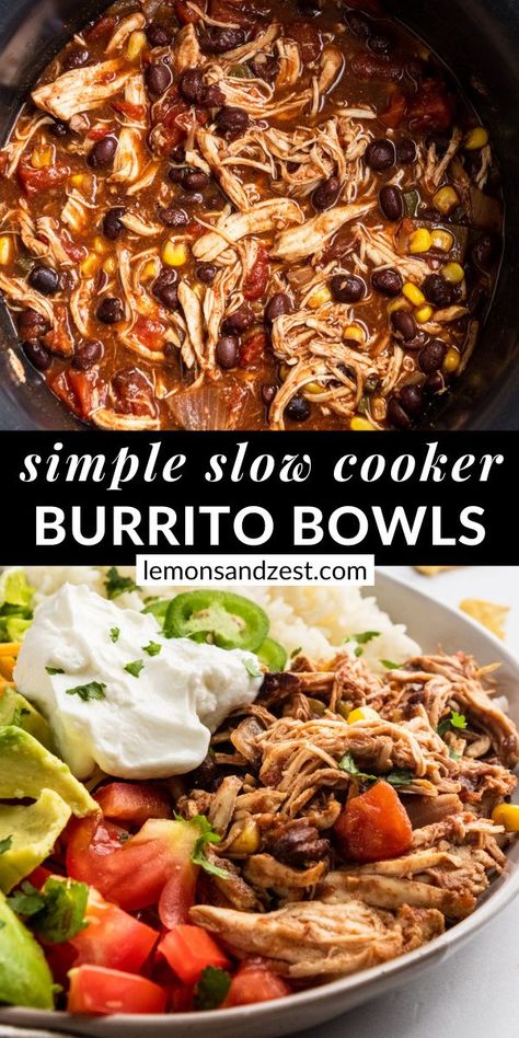 Burrito Bowl In Crockpot, Burrito Slow Cooker, Chicken Burrito Slow Cooker, Crockpot Chicken Protein, Crockpot Recipes Burrito Bowl, Pulled Chicken Taco Bowl, Easy Dinner Slow Cooker, Slow Cooker Chicken Burrito Bowl Recipe, Healthy Crockpot Burrito Bowl