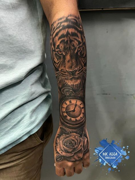 Lion Tattoo Inner Forearm, Tiger Rose Tattoo Men, Clock Forearm Tattoo Men, Men Tiger Tattoo, Clock And Rose Tattoo Design For Men, Tiger Tattoo Design Men Forearm, Hand And Arm Tattoos For Guys, Clock Tattoo Design For Men Forearm, Hand And Forearm Tattoo For Men