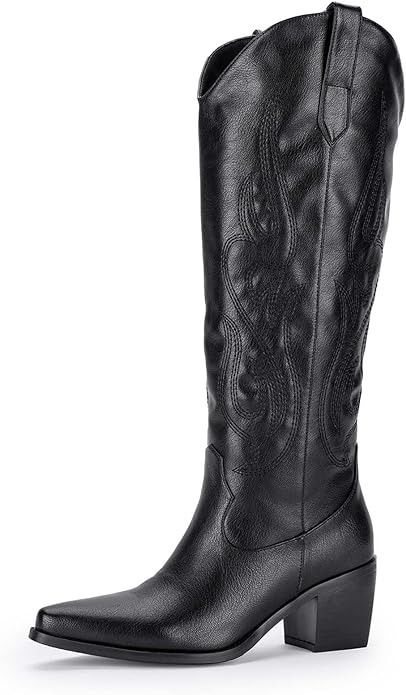 Amazon.com | Pasuot Black Cowboy Boots for Women - Knee High Wide Calf Cowgirl Boots with Western Embroidered, Slip On Pointed Toe Chunky Heel Fashion Retro Classic Pull On Tall Boot Long Boots for Ladies Size 7.5 | Knee-High Wide Calf Cowgirl Boots, Tall Cowgirl Boots, Knee High Western Boots, Black Cowgirl Boots, Cowboy Boots For Women, White Cowboy Boots, Black Cowboy Boots, Boot Pulls, Black Cowboy