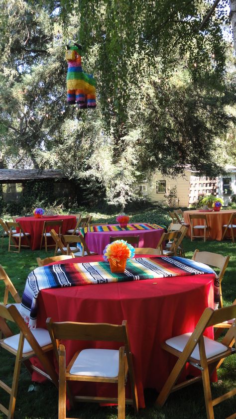 Fiesta Table Cloth, Mexican Fiesta Pinata, Mexican Grad Party, Mexican Fruit Table Ideas, Flowers With Lights, 80th Birthday Party Theme, Mexican Table Setting, Mexican Tablecloth, Mexican Theme Party Decorations