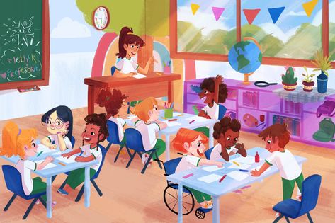 Lais Oliveira on Behance Art Class Illustration, Kindergarten Classroom Illustration, Classroom Illustration Art, Classroom Illustration School, Kindergarten Illustration, Classroom Illustration, Teacher Illustration, Teachers Illustration, Storyboard Ideas