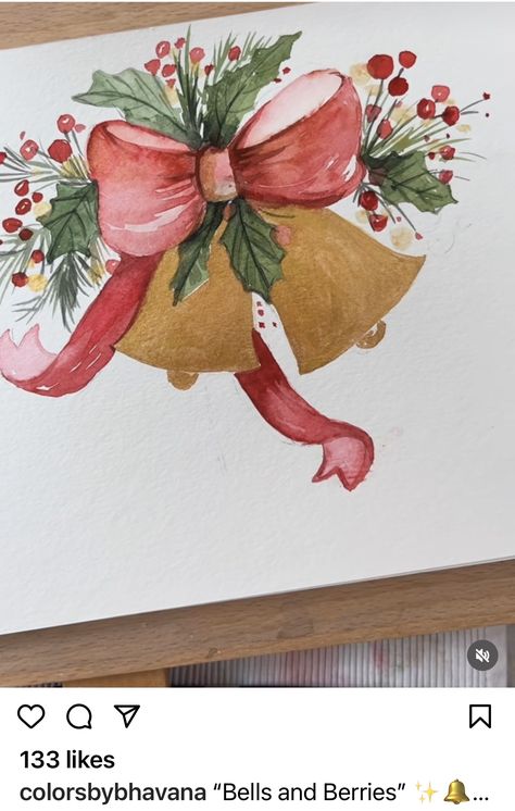 Watercolor Bells, Bells Painting, Christmas Bells Drawing, Christmas Watercolors, Bell Art, Bells Christmas, Christmas Painting, Painted Ornaments, Watercolor Inspiration