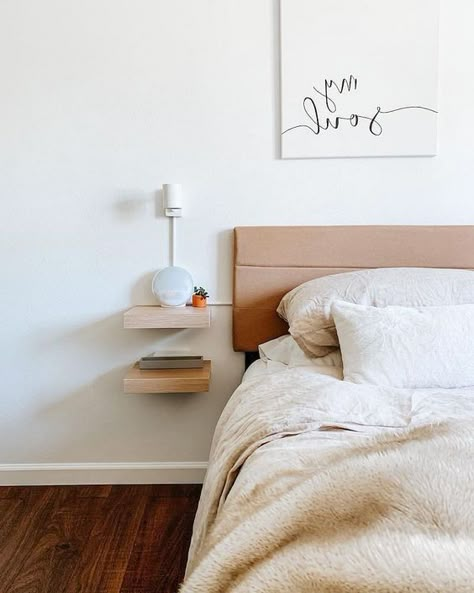 Picture of a tiny floating nightstand of two shelves looks minimalist and laconic and gives you storage space No Room For A Nightstand, Small Floating Nightstand, Floating Shelves Nightstand, Floating Bedside Table Ideas, Floating Nightstand Bedroom, Floating Nightstand Ikea, Floating Nightstand Ideas, Floating Bedside Shelf, Square Floating Shelves