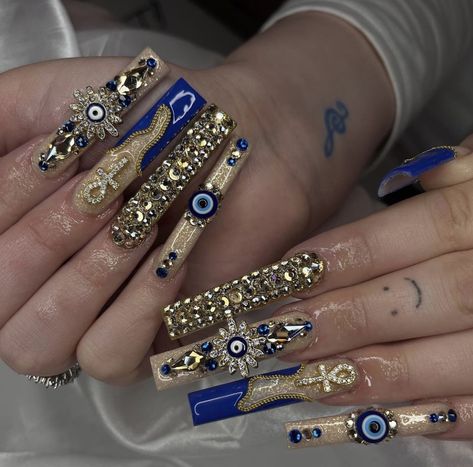 Ojo 🧿 Ojo Nails, Hispanic Nails, Buchona Nails, Long Acrylic Nail Designs, Nails Design With Rhinestones, Long Acrylic, Long Acrylic Nails, Acrylic Nail Designs, Nails Design