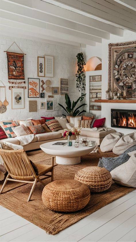 Bohemian-style living room with a cozy sofa, woven decor, and vibrant textiles. Macrame Wall Hanging Over Couch, Minimalist Living Room Pop Of Color, White Couch Boho Living Room, Bold Boho Living Room, Masculine Boho Living Room, Beige Living Room With Pop Of Color, Boho Eclectic Living Room Ideas, Plant Living Room Aesthetic, Grey Boho Living Room