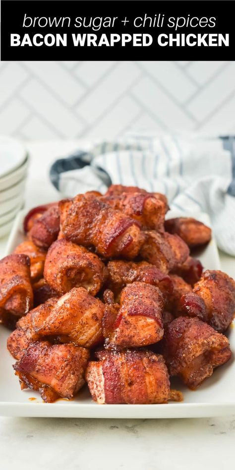 Chicken Turkey Bacon Recipes, Bacon Wrapped Chicken Medallions, Bacon Chicken Appetizers, Bacon Wrapped Duck Bites, Chicken Bacon Ranch Appetizer, Bacon Wrapped Chicken With Brown Sugar, Cheddar Bacon Chicken Bites, Bacon Wrapped Chicken Nuggets, Chicken Bacon Appetizers Brown Sugar