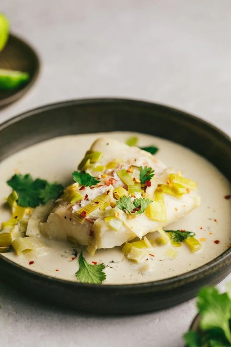 Poached Cod in Coconut Milk (Keto, Low Carb) - Stem and Spoon Fish And Coconut Milk Recipes, Coconut Poached Cod, Baked Cod With Coconut Milk And Lemon, Cod In Coconut Milk, Coconut Milk Poached Cod, Coconut Poached Fish, Poached Cod In Coconut Milk, Coconut Milk Fish Recipes, Pacific Cod Recipes