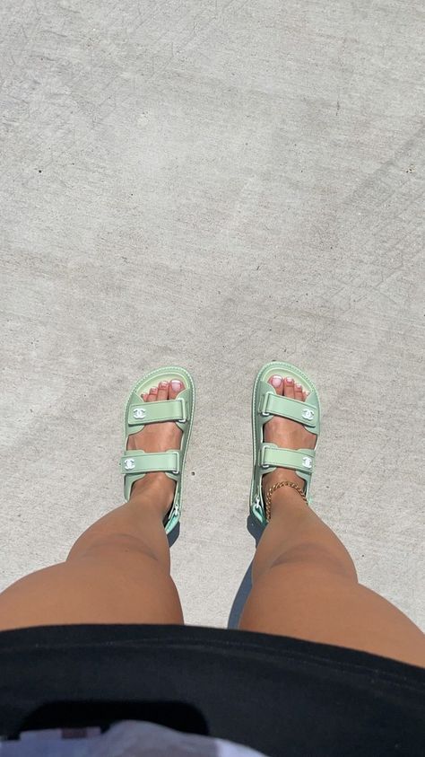 chanel mint green white chanel logo two strapped velcro dad sandals Lime Green Sandals Outfit, Ugh Sandals, Chanel Dad Sandals, Green Chanel, Chanel 2020, Dad Sandals, Chanel Sandals, Green Sandals, Hype Shoes