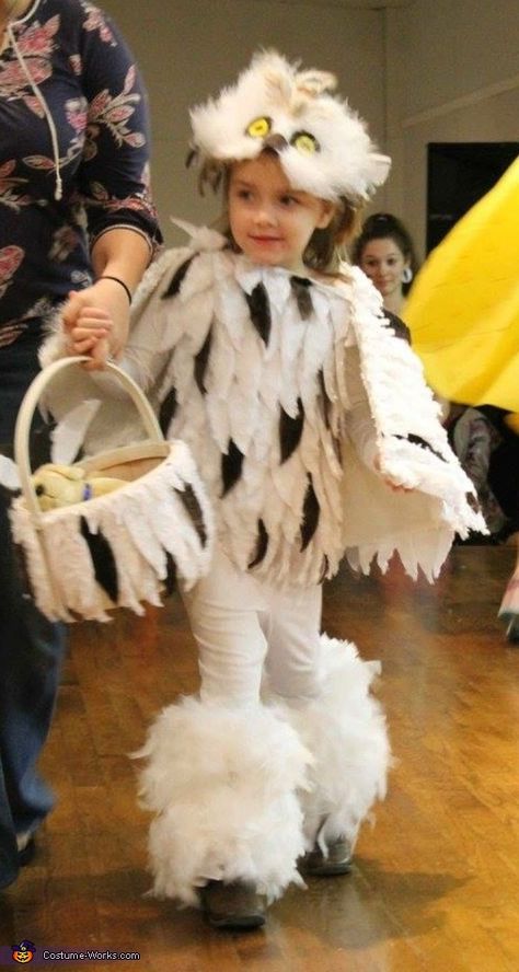 Laurie: This is my 3 year old, Madelyn. We saw a lot of owl costumes on Pinterest so we worked off that. We looked at fabric but we wanted something soft... Snowy Owl Costume, Owl Costume Women's, Toddler Owl Costume, Snow Owl Costume, Owl Costume Kids, Diy Owl Costume, Owl Costume Diy, Owl Costumes, Hedwig Costume