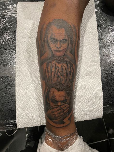 Tattoo Hear No Evil See No Evil Tattoo Joker, Joker Leg Tattoo Men, Billy Jigsaw Tattoo, Joker Tattoo Ideas For Men Leg, Medium Arm Tattoo Men, Men Tattoo Leg Sleeve, Jester Tattoo Jokers, Bad Guy Tattoo, Joker Tattoo Arm